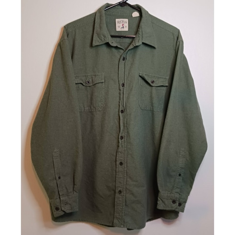 Army Green Flannel Red Head Long Sleeve Button Up Shirt Men's Size 2XL